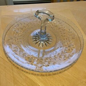 Elegant Vintage Etched Clear Glass Serving Platter Centered Handle